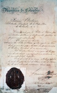 Der Akt, durch den Simon Bolivar die Stadt San Miguel de Ibarra zur Hauptstadt der umliegenden Provinz erklärte, damals Teil von Großkolumbien (heute Ecuador), 2. November