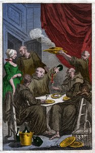 Das Fest der Mönche, die klösterliche Regeln verletzen. Sie trinken Wein, umwerben die Mägde (Gravur) von . .