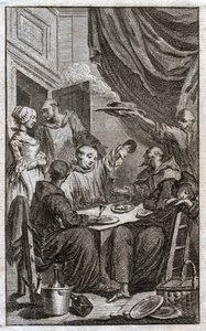 Das Fest der Mönche, die klösterliche Regeln verletzen. Sie trinken Wein, umwerben die Mägde (Gravur) von . .