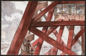 Touristen auf den Treppen des Eiffelturms, Paris. Köche kochen im Restaurant im ersten Stock. 1889 (Illustration) von . .