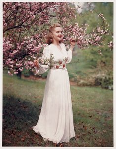 Frau, die ein Kleid in der Nähe von Blüten modelliert, ca. 1940er von Frederick (attr. to) Barnard