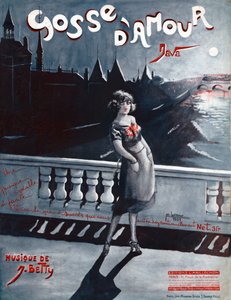 Frau auf der Pont au Change in Paris, hinter ihr die Seine und die Conciergerie (Illustration) von . .