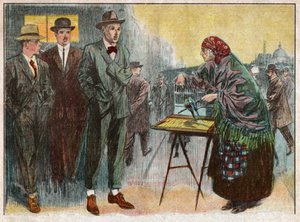 Frau praktiziert Wahrsagerei mit Vögeln. 1926 (Illustration)