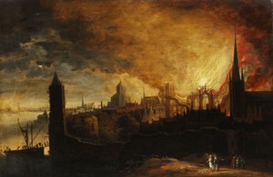Brennende Stadt mit Lot, dem Engel und seinen Töchtern