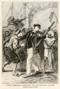 Nach dem energischen Zurückweisen der Fellachen, die ihre Hilfe anboten, aus In 80 Tagen um die Welt von Jules Verne, graviert von Henri-Théophile Hildebrand, 1873 von after Alphonse Marie de Neuville