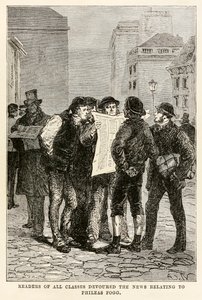 Leser aller Klassen verschlangen die Nachrichten über Phileas Fogg, aus In 80 Tagen um die Welt von Jules Verne, graviert von Louis Dumont, 1873 von after Alphonse Marie de Neuville
