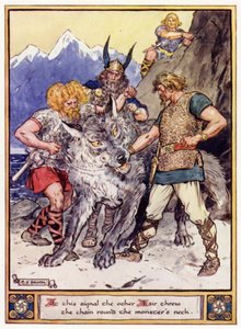 Auf dieses Signal hin warfen die anderen Aesir die Kette um den Hals des Monsters von after Charles Edmund Brock