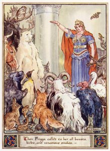 Dann rief Frigga alle Tiere, Vögel und giftigen Schlangen zu sich von after Charles Edmund Brock