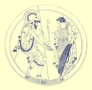 Ein sitzender Krieger hält seinen Weinkelch, Illustration aus Griechische Vasenmalereien von J. E. Harrison und D. S. MacColl, veröffentlicht 1894 von after English School