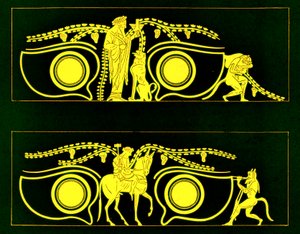 Dionysos, Hephaistos und Satyrn, Illustration aus Griechische Vasenmalereien von J. E. Harrison und D. S. MacColl, veröffentlicht 1894 von after English School