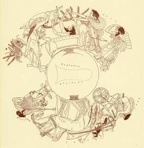Herakles und Eurystheus, Illustration aus Griechische Vasenmalereien von J. E. Harrison und D. S. MacColl, veröffentlicht 1894 von after English School