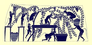 Satyrn sammeln die Ernte, Illustration aus Griechische Vasenmalereien von J. E. Harrison und D. S. MacColl, veröffentlicht 1894 von after English School