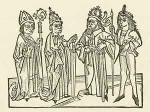 Der Heilige Römische Kaiser und der Papst, begleitet von einem Ritter und einem Bischof, die Schwerter halten, symbolisieren die richterliche Macht in ihren Ländern