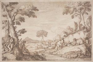Eine pastorale Reise mit einem Jungen, der an einem Baum Flöte spielt