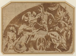 Flucht des Meriones, mit dem toten Coeranos, der aus dem Streitwagen gezogen wird