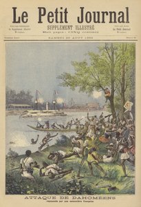 Ein Angriff der Dahomeer wird von einem französischen Kanonenboot abgewehrt