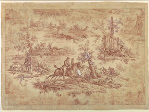 Entwurf für bedruckten Baumwollstoff, La Route de Jouy von after Horace Vernet