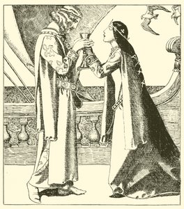 Belle Isoult und Sir Tristram trinken den Liebestrank von after Howard Pyle
