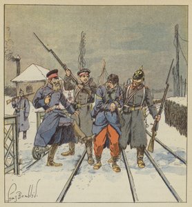 Der verwundete und gefangene Fourier Papot wird von einem preußischen Offizier schändlich geschlagen von after Louis Charles Bombled