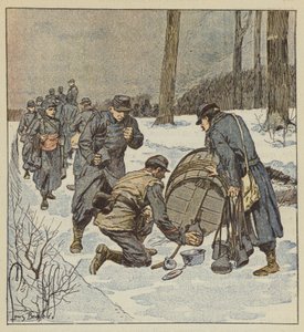 Die Soldaten der Marineinfanterie füllen ihre Flaschen mit Rum aus einem Fass von after Louis Charles Bombled