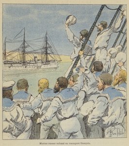 Russische Matrosen grüßen ein französisches Transportschiff von after Louis Charles Bombled