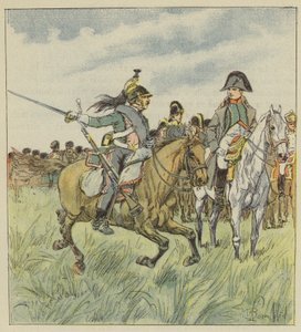 Ein Dragoner warnt den Kaiser vor dem Verrat eines seiner Generäle von after Louis Charles Bombled