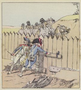 Ein Sergeant der Garnison von Saint-Georges erkennt die österreichischen Husaren an ihren neuen Mänteln von after Louis Charles Bombled