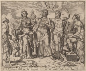 Mann unterstützt von Glaube, Hoffnung und Liebe von after Maerten van Heemskerck
