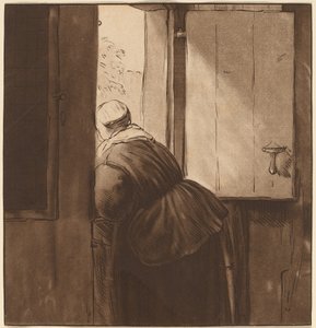 Frau, die sich über eine untere Tür lehnt von after Nicolaes Maes Cornelis Ploos van Amstel