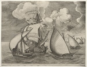 Segelschiffe: Eine Flotte von Galeeren eskortiert von einer Karavelle von after Pieter Bruegel