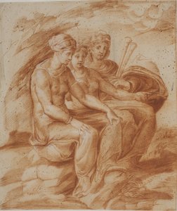 Drei Frauen, eine mit einer Doppelflöte, sitzend in einer Landschaft von after Pirro Ligorio