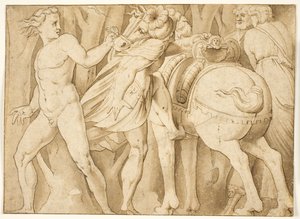Szene aus der römischen Geschichte? Ein Mann besteigt ein Pferd, das von einem nackten Mann gehalten wird von after Polidoro da Caravaggio