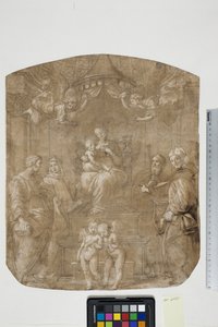 Madonna mit Kind und den Heiligen Petrus, Bernhard (oder Bruno), Jakobus, Augustinus und vier Engeln, Madonna del Baldacchino
