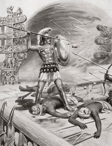 Alexander der Große kämpft gegen die Assacani in der befestigten Stadt Massaga, Indien während seines Indienfeldzugs im Jahr 326 v. Chr., aus Hutchinsons Geschichte der Nationen, veröffentlicht 1915 von after Robert Dudley