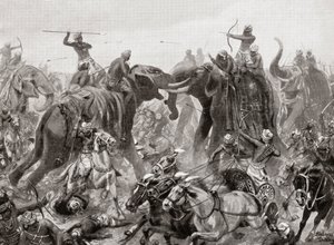 Die Niederlage von Pulakeshin Chalukhya durch Narasimhavarman I. in Badami im Jahr 642 n. Chr., aus Hutchinsons Geschichte der Nationen, veröffentlicht 1915