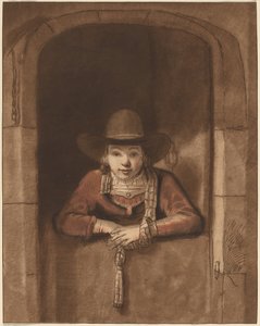 Junge, der sich über eine untere Tür lehnt von after Samuel van Hoogstraten Cornelis Ploos