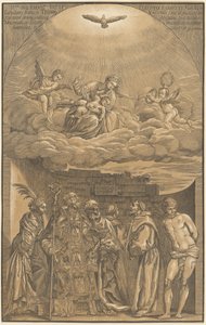 Die Jungfrau und das Kind in den Wolken mit sechs Heiligen von after Titian John Baptist Jackson