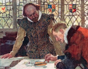 Shakespeare am Heralds College auf dem Pauls Wharf Hill, um das Wappen seines Vaters zu besprechen von after William Hatherell