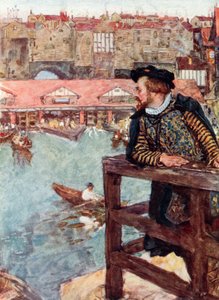 Shakespeare betrachtet die Wassermühlen unterhalb der London Bridge von after William Hatherell