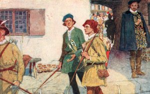 Shakespeare sieht eine Gruppe von Lehrlingen mit ihren Bögen und Pfeilen auf dem Weg zum Bogenschießplatz in Moorfields, London
