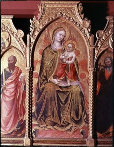 Altarbild von Gerard Cossassi degli Assi, Detail des zentralen Panels, das die Madonna und das Kind auf dem Thron darstellt