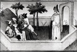 Ms Fr 2810 Wie der alte Mann aus den Bergen die Anhänger im Garten empfing, aus dem Livre des Merveilles du Monde, ca. 1410-12 von and workshop Boucicaut Master