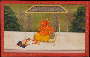 Indra verehrt den elefantenköpfigen Gott Ganesha, auf einem Thron sitzend. Folio aus der Tehri Garhwal Serie des Gita Govinda