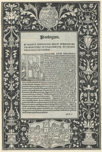 Ein weißer Linienrahmen mit zwei Kartuschen: "Ein Satyr opfert einen Widder" und "Die Wahl des Herkules"