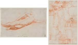 Studie eines gefallenen Soldaten (möglicherweise die Bekehrung des Saulus) (recto); Eine drapierte weibliche Figur (möglicherweise eine Amazone) und architektonische Studien (verso)