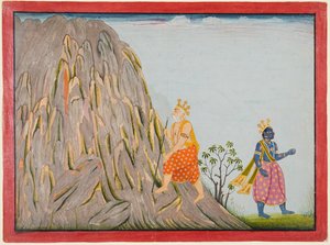 König Muchukunda betritt das Reich des Berges Gandhamadana, um Erlösung zu erlangen, aus der „Fünften Basohli Bhagavata Purana" von attributed to Fattu