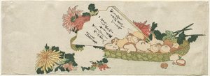 Korb mit Fächer, Chrysanthemen und Pilzen von attributed to Katsushika Hokusai