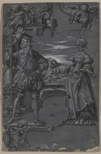 Entwurf für Glasmalerei: Mann und Frau in architektonischer Umgebung von attributed to Tobias Stimmer