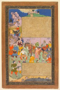 Ein Wagenlenker fährt durch eine felsige Landschaft mit einem Gefolge von Fußsoldaten und Musikern, Seite aus einem Razm-nama (Buch der Kriege), adaptiert aus dem Sanskrit Mahabharata und ins Persische übersetzt von Mir Ghiyath al-Din Ali Qazvini, bekannt 