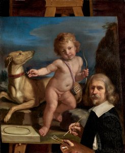 Selbstporträt vor einem Gemälde von "Amor Fedele" von called Guercino Giovanni Francesco Barbieri